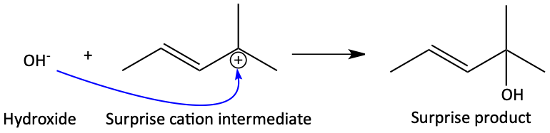 Mechanism of hydroxide attacking a different allylic cation intermediate