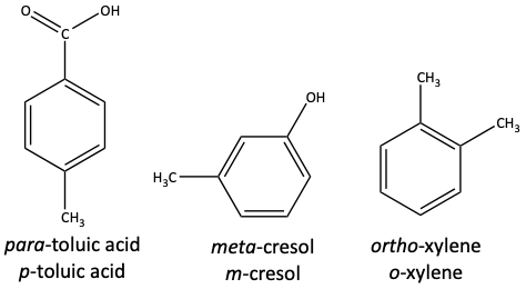 p-toluic acid, meta-cresol, ortho-xylene