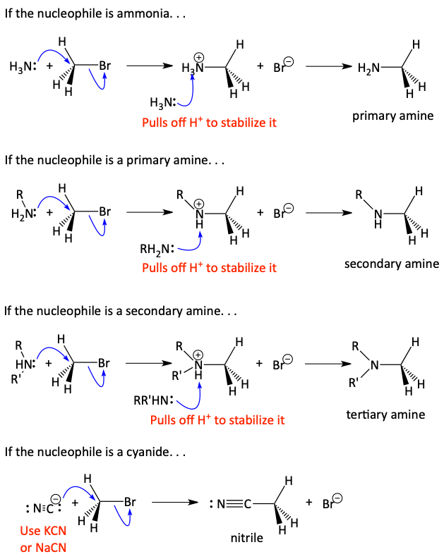 SN2 syntheses of amines and nitriles