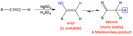 alkyne reacting with HgSO4 to form markovnikov ketone