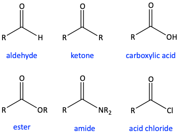 aldehyde, ketone, carboxylic acid, ester, amide, acid chloride