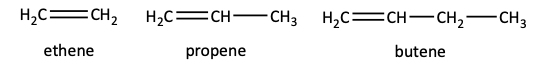 Alkenes like ethene, propene, butene
