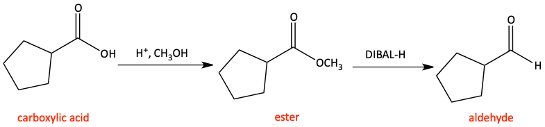 Carboxylic acid to ester then reduced to aldehyde