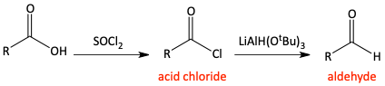 reaction of carboxylic acid with thionyl chloride to make acid chloride then LiAlH(OtBu)3 to make aldehyde