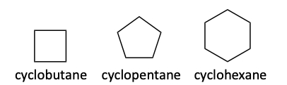 cycloalkanes like cyclobutane, cyclopentane, cyclohexane