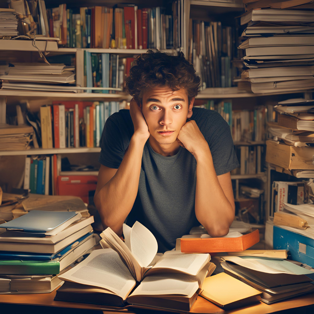 A stressed student at a desk surrounded by stacks of books